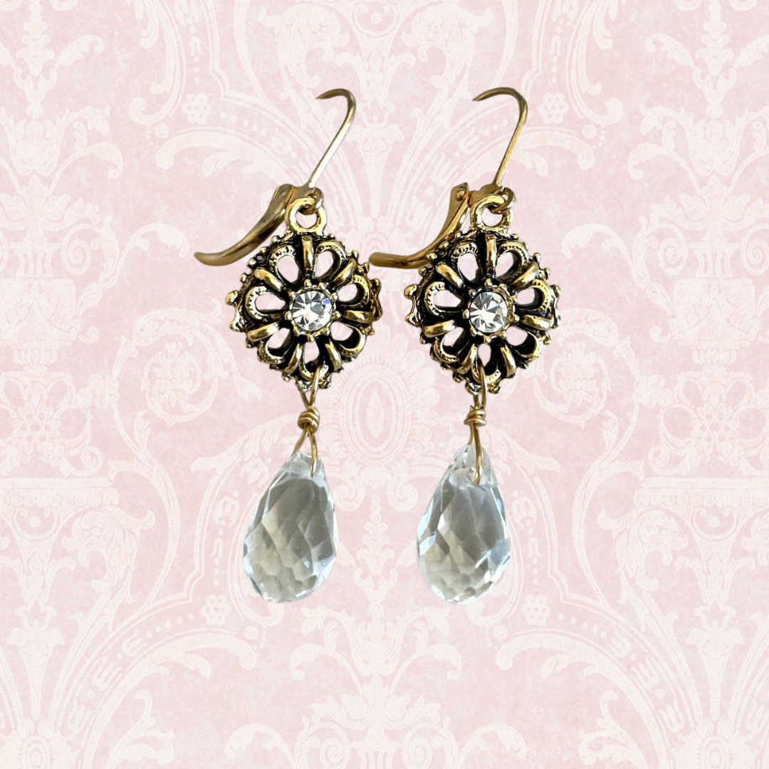 Vintage Flower Earrings with Clear Teardrops