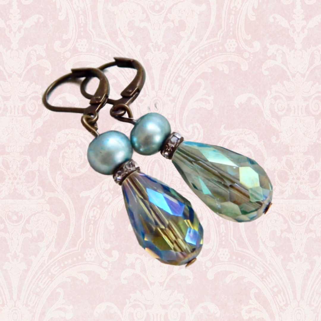 Blue Pearl And Crystal Earrings