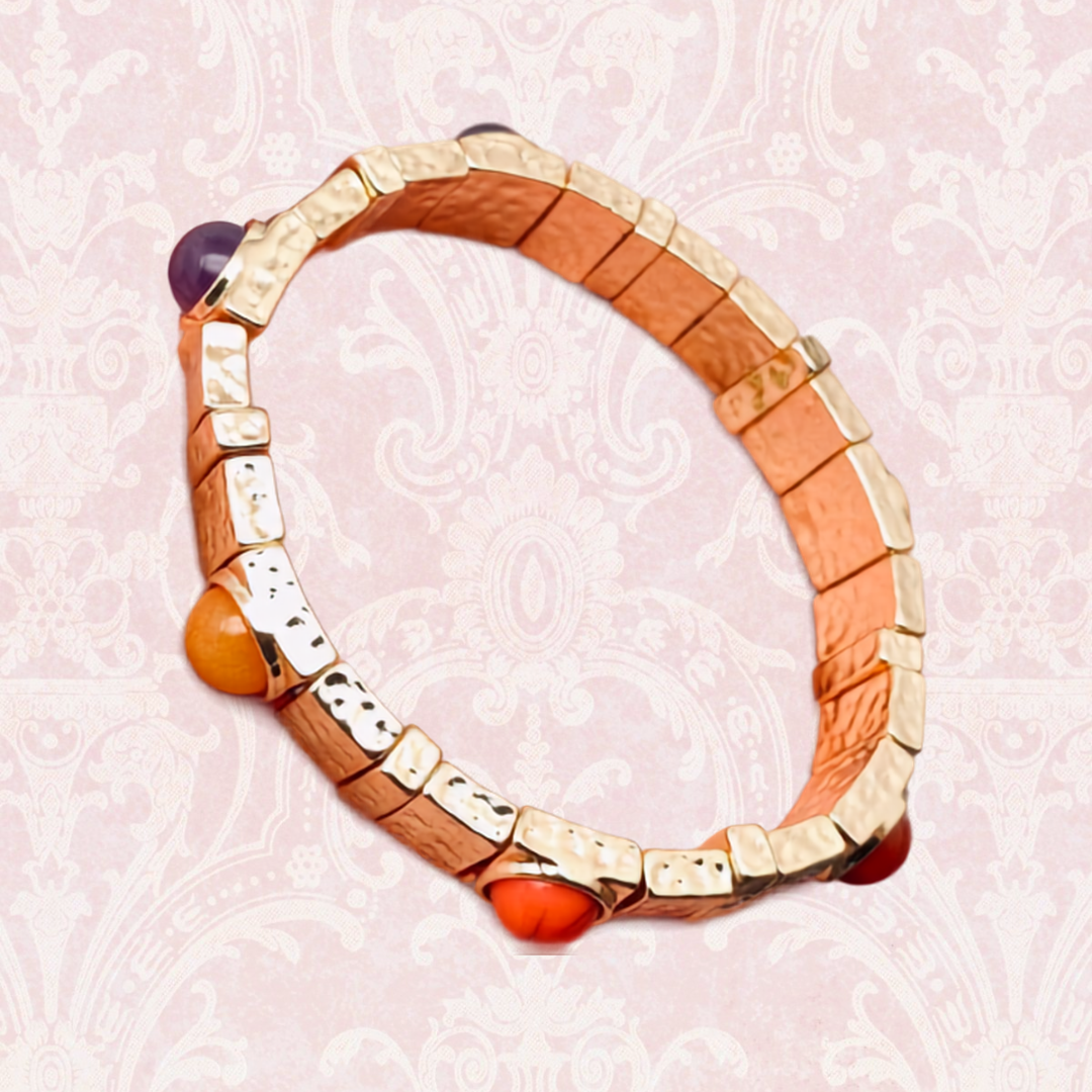 Stone Gilded Bangle & Elastic Bracelet  Orange/Amber/Pink